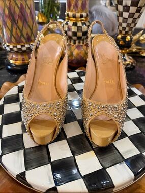 Christian Louboutin Beige Crystal Peep-Toe Slingback Heels